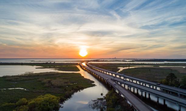 Aerial view of Mobile Bay sunset Evening sky on the Alabama Gulf Coast mobile bay stock pictures, royalty-free photos & images