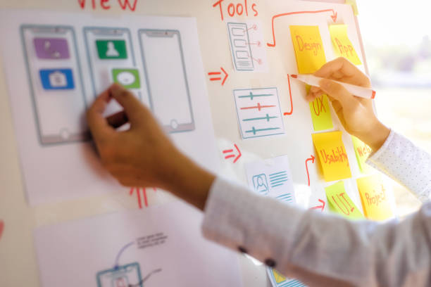 istock Young designer woman sort layout of drawing application for developing for mobile applications. User experience Design concept. 1140583908