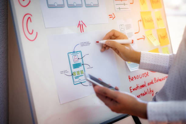 istock Close-up hand of designer woman sort layout of drawing application for developing for mobile applications. User experience Design concept. 1140585524