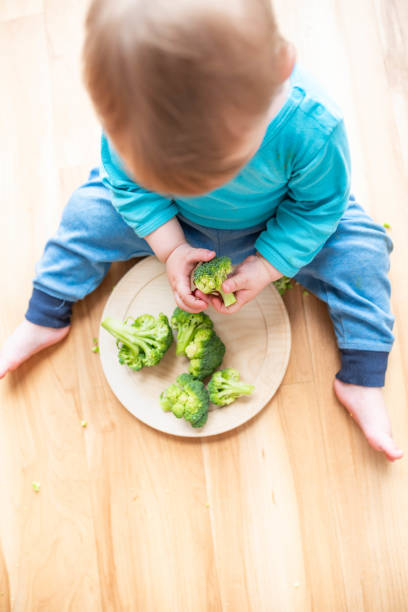 istock Little baby playing with broccoli 1140586415