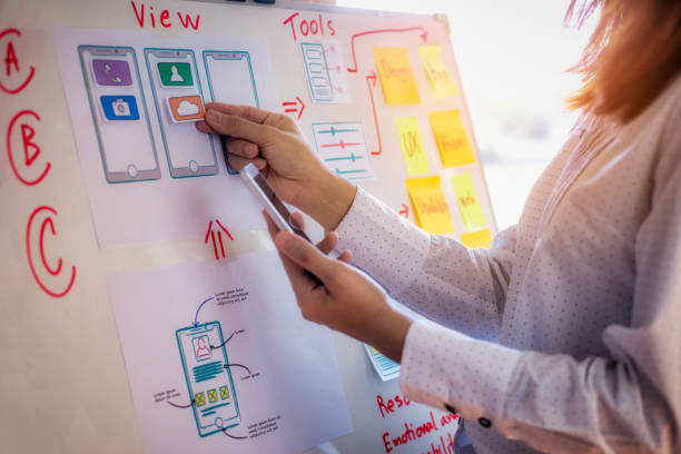 istock Web designer woman doing test sketch drawing application for mobile phone in office. User experience Design concept. 1140586644