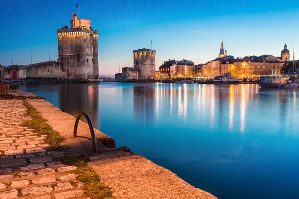 arrival of the night on the old town of La Rochelle
