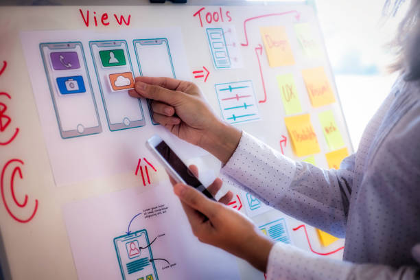 istock Web designer woman doing test sketch drawing application for mobile phone in office. User experience Design concept. 1140586753