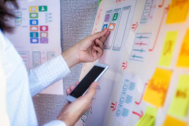 istock Web designer woman doing test sketch drawing application for mobile phone in office. User experience Design concept. 1140586905