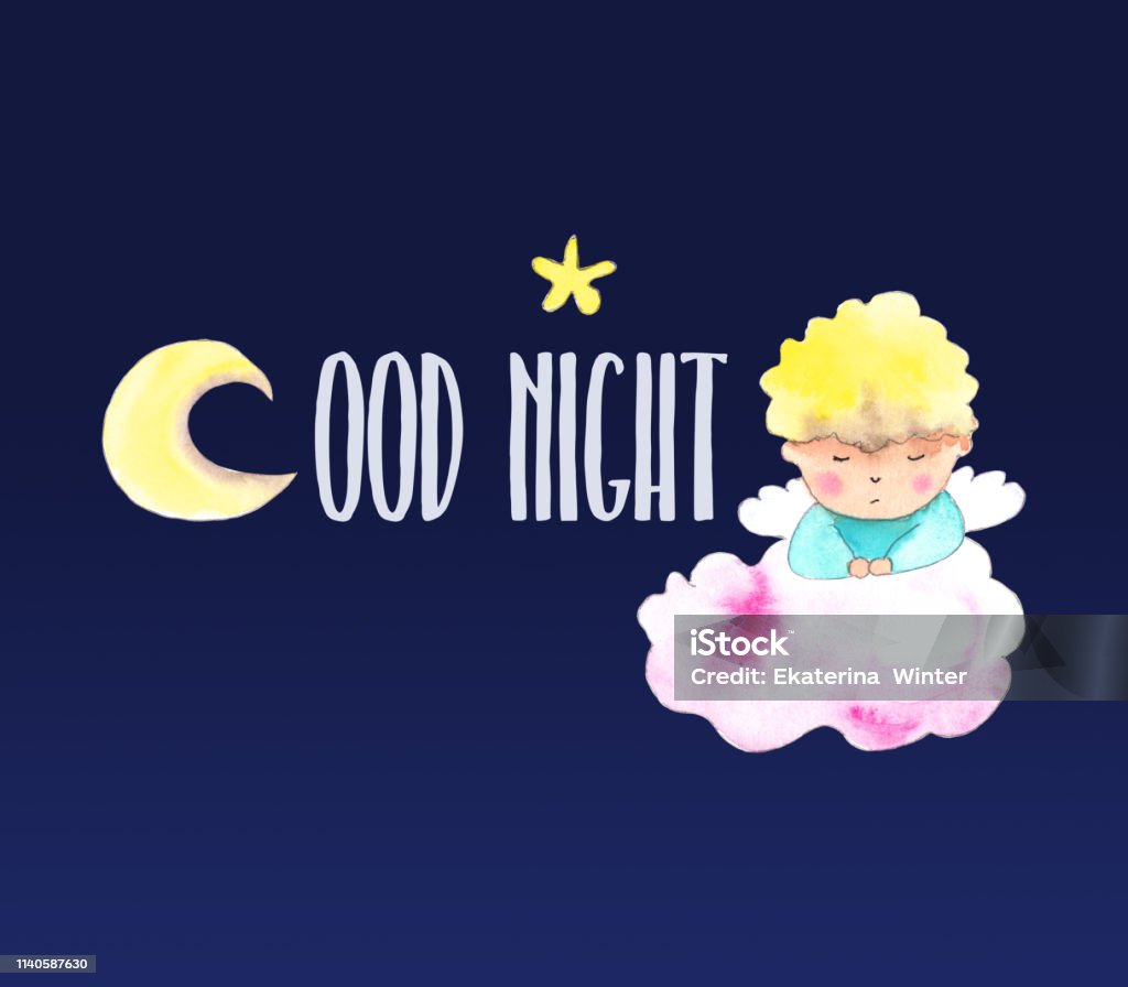 Sleeping angel on a pink cloud Watercolor painting of  sleeping angel boy, pink cloud and yellow moon. Little boy sleeping on a pink cloud. Good night card design. Dark blue background - Illustration Angel stock illustration