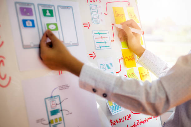 istock Close-up hand of designer woman sort layout of drawing application for developing for mobile applications. User experience Design concept. 1140588159