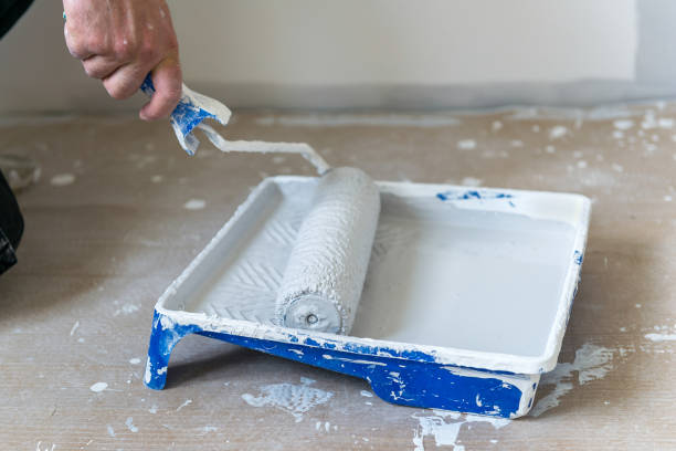 istock Hand rolling paint roll in paint tray filled with gray paint 1140588254