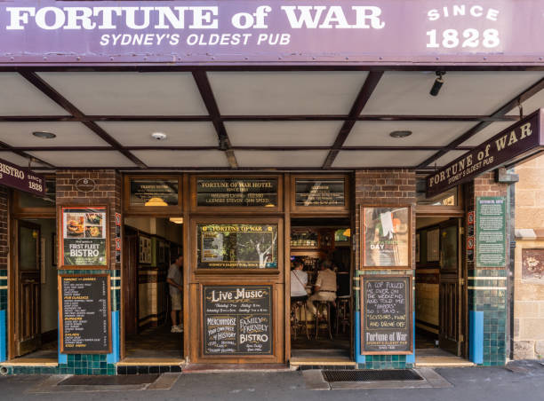 Fortune of War, oldest pub in town, Sydney Australia. Sydney, Australia - February 11, 2019: Facade with look inside the Fortune of War, oldest pub in town in George Street near Circular Bay. Chalkboards with advertisements for drinks. st george street stock pictures, royalty-free photos & images
