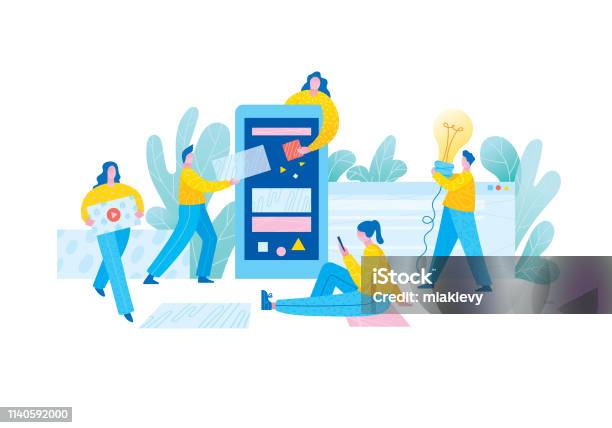 Mobile App Development Team Stock Illustration - Download Image Now - Illustration, People, Teamwork
