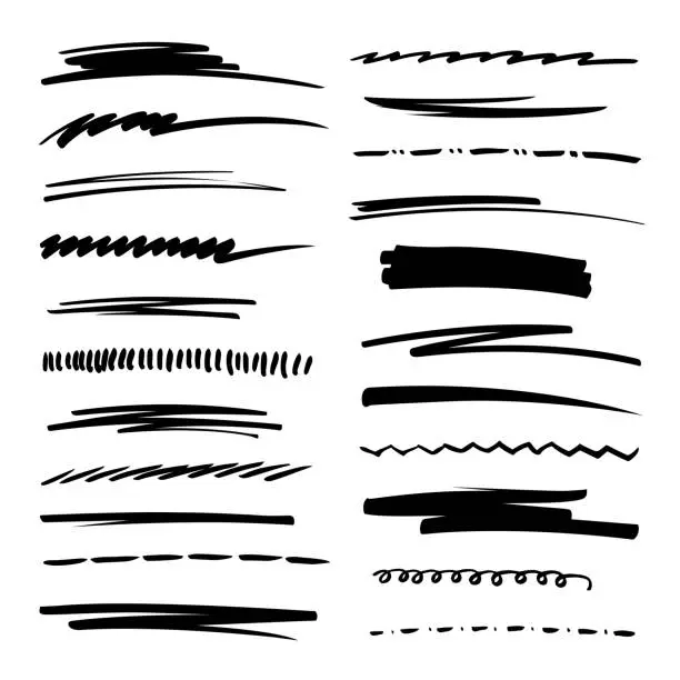 Vector illustration of Hand drawn collection set of underline strokes in marker brush doodle style. Grunge brushes.