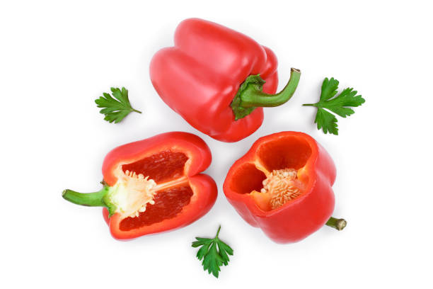 istock red sweet bell pepper isolated on white background. Top view. Flat lay 1140596953