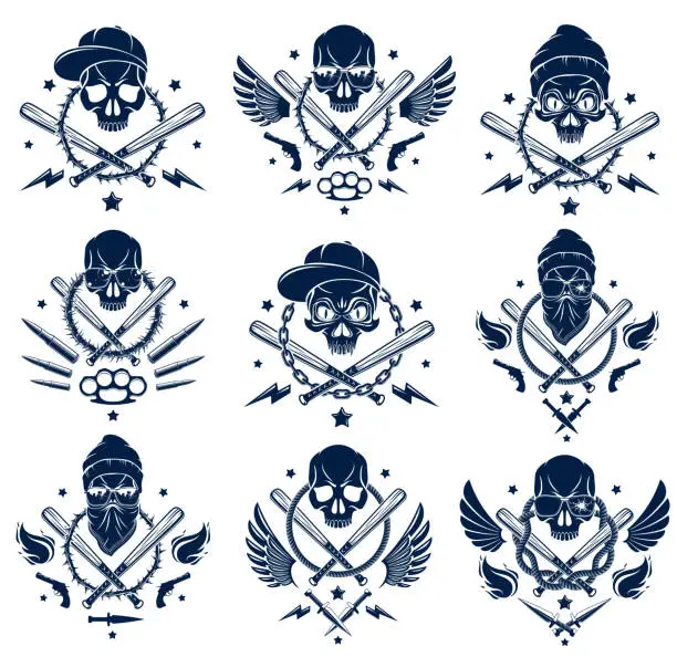 Vector illustration of Criminal tattoo ,gang emblem or sign with aggressive skull baseball bats and other weapons and design elements, vector set, bandit ghetto vintage style, gangster anarchy or mafia theme.