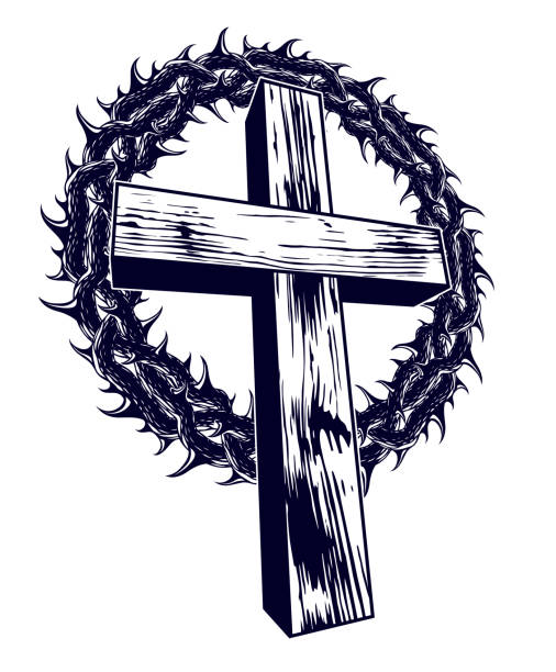 krzyż chrześcijański z znakiem religii wektorowej cierń czarnothorn lub tatuażem, męką chrystusa. - thorn stock illustrations