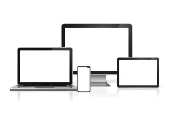 Photo of Computers and phone set mockup isolated on white. 3D render