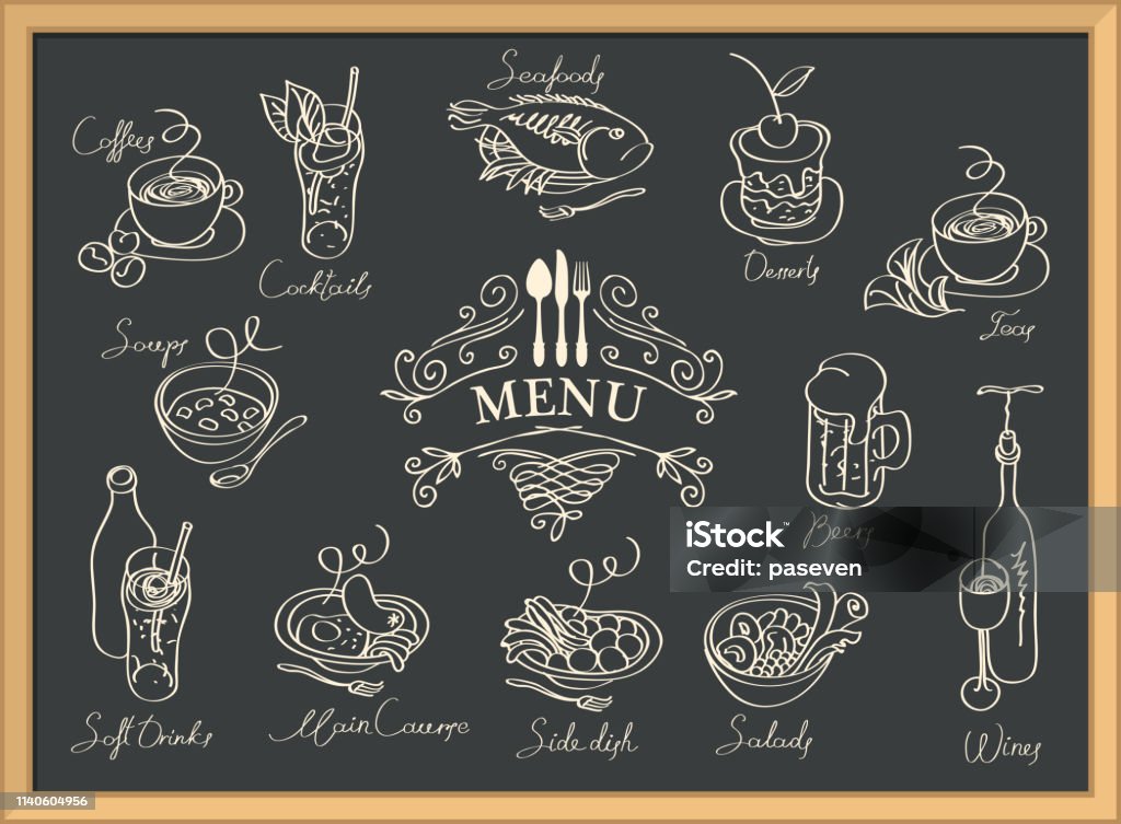 Drawings For Menu Restaurant Menu With Sketches Of Different Dishes Stock Illustration ...