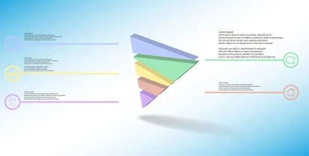 Vector illustration of 3D illustration infographic template. The embossed triangle is randomly divided to five color parts. Object is askew arranged on blue white background. Lines with signs in circles are on sides.