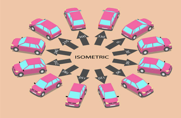 illustrazioni stock, clip art, cartoni animati e icone di tendenza di dodici auto parcheggiate di colori diversi. - different angles