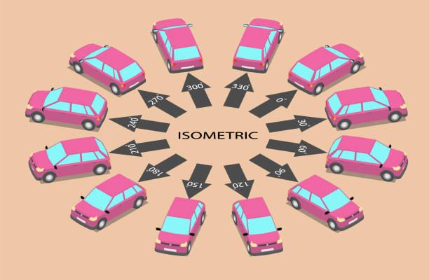 ilustrações, clipart, desenhos animados e ícones de doze carros estacionados de cores diferentes. - different angles