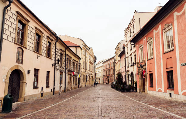 Autumn view of the birch street in the morning in Warsaw's Old Town, Poland