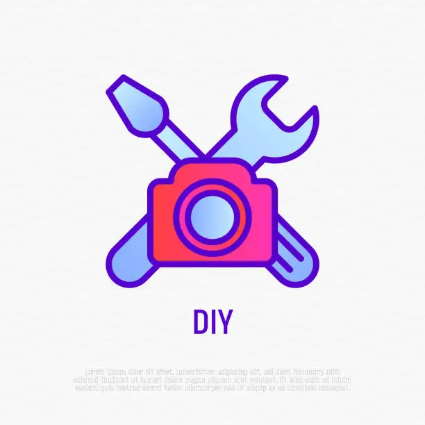 Vector illustration of DIY video thin line icon: camera with work tools. Modern vector illustration for blogger logo.