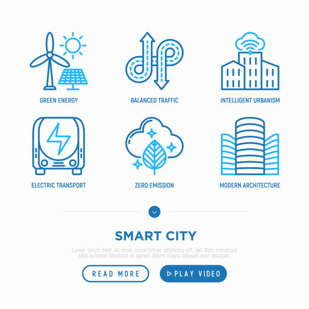 ilustraciones, imágenes clip art, dibujos animados e iconos de stock de iconos de línea delgada de la ciudad inteligente establecidos: energía verde, urbanismo inteligente, cero emisiones, transporte eléctrico, tráfico equilibrado. ilustración vectorial. - urbanity