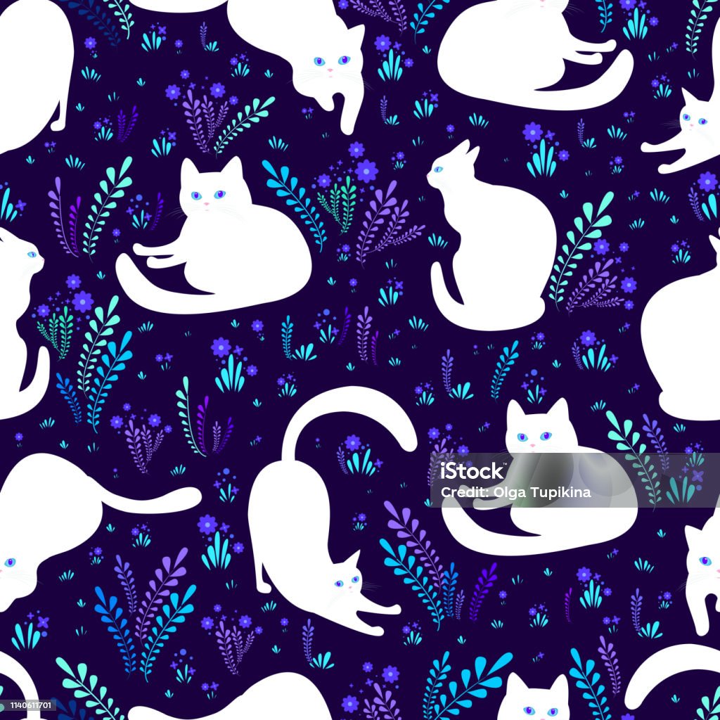 Beautiful white cats in different poses on a background of flowers, grass and dark violet background, fantasy seamless pattern. Vector surreal texture with animals, cartoon style. Domestic Cat stock vector