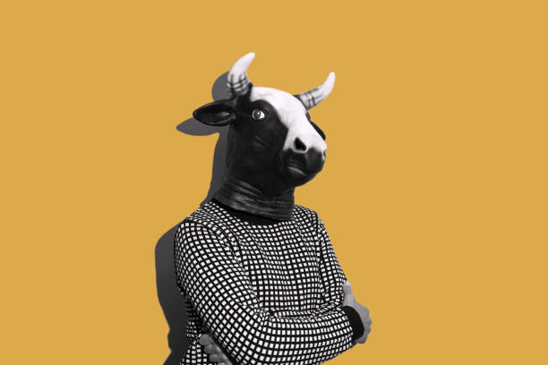 young man with a cow mask young caucasian man with a cow mask, in black and white, on a yellow background with some blank space on his both sides barren cow stock pictures, royalty-free photos & images