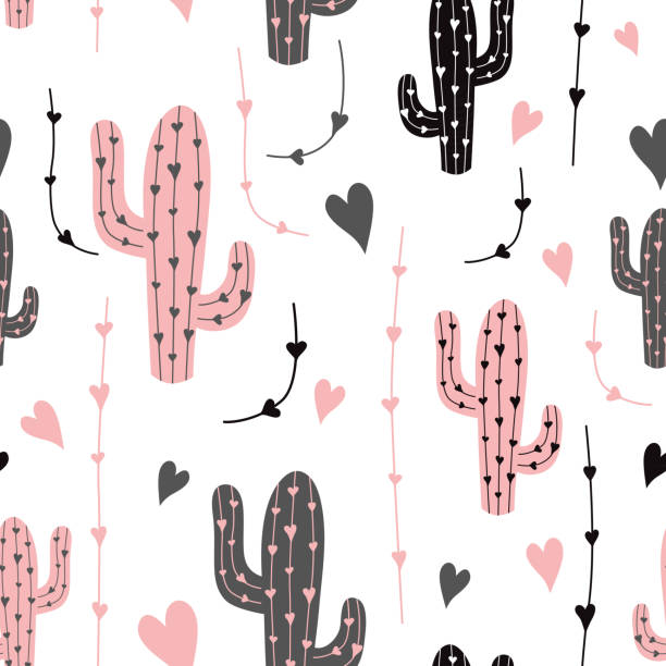 Cactus seamless pattern vector background. Vector. Black pink grey cactus on white background. Fabric print vector art illustration