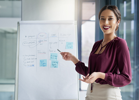 Portrait of a young businesswoman delivering a presentation in a modern office