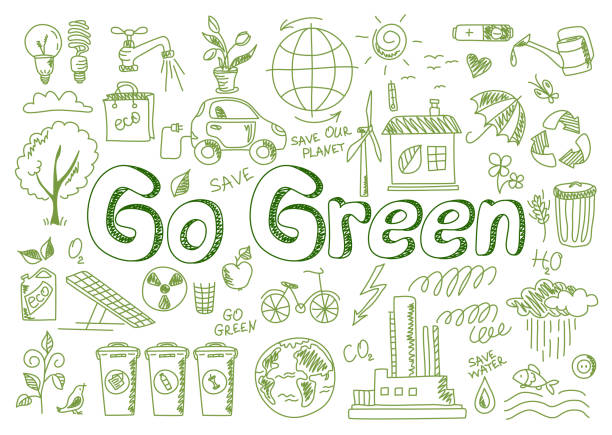 Set of go green icons, in doodle style Hand drawn design vector illustration, set of go green icons, in doodle style, for graphic and web design co2 drawings stock illustrations