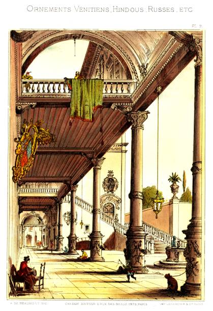 hof eines palastes in genua. aus venezianischen ornamenten 1883 - editions stock-grafiken, -clipart, -cartoons und -symbole