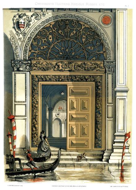 ilustraciones, imágenes clip art, dibujos animados e iconos de stock de puerta de agua del palacio ducal en venecia. de los ornamentos venecianos 1883 - venice italy ancient architecture creativity