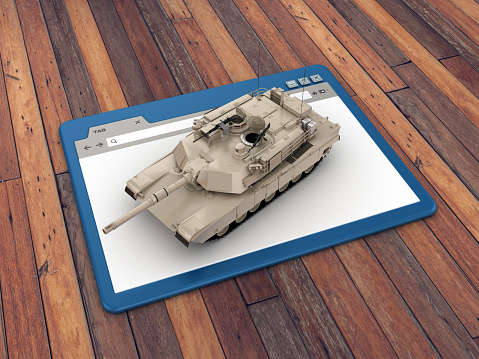 Web Browser with War Tank on Wood Floor Background  - 3D Rendering