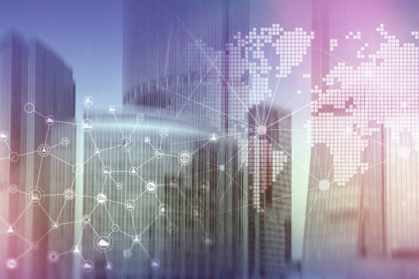 istock Double exposure mixed media. Diagrams, icons and relations structure on hologram screen. Business people and modern city on background. 1140624404