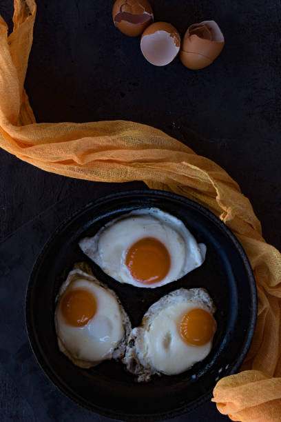 istock Overhead view of  fried eggs in black baking pan on dark background 1140624583
