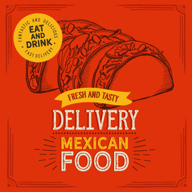 Mexican food illustrations - burrito, tacos, quesadilla for restaurant. Mexican food illustrations - burrito, tacos, quesadilla for restaurant. Vector hand drawn poster for cafe and bar. Design with lettering and doodle vintage graphic. guacamole restaurant mexican cuisine avocado stock illustrations