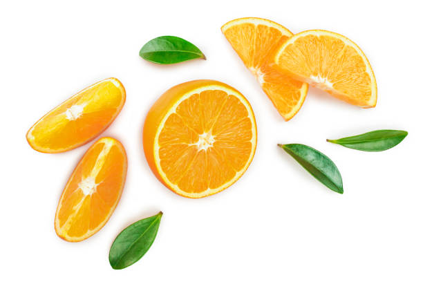 istock orange with leaves isolated on white background. Top view. Flat lay 1140627487