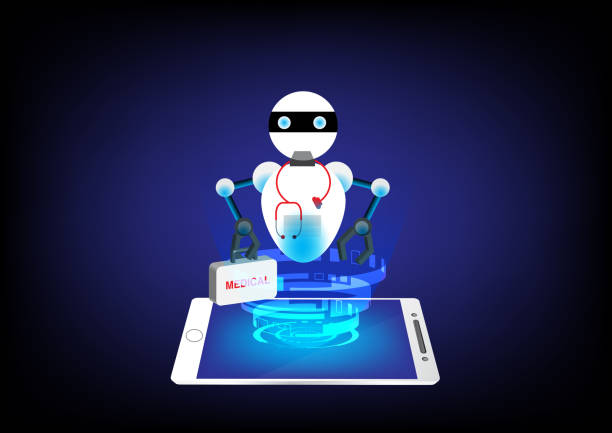 istock Robot doctor hologram hold medical bag on white smart phone. 1140629539