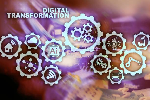 istock Digital Transformation Concept of digitalization of technology business processes. Datacenter background. 1140630112