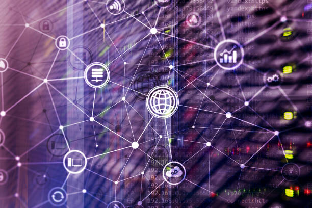 istock ICT - information and telecommunication technology and IOT - internet of things concepts. Diagrams with icons on server room backgrounds. 1140630206