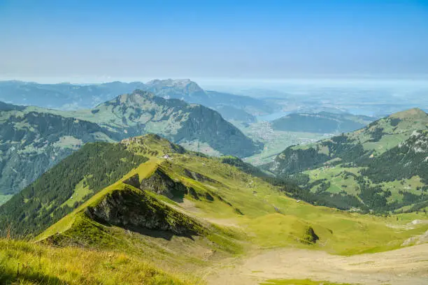Beautiful view on Swiss Alps as seen from top of the Brisen peak in Switzerland