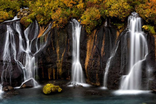 Hraunfossar Waterfall Pour into Hvita River, Borgarfjordur District, Iceland