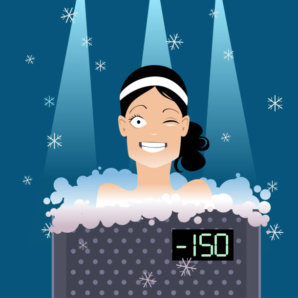 Cryotherapy patient Woman undergoing a whole body cryotherapy treatment in a cryosauna, EPS 8 vector illustration, no transparencies sports medicine stock illustrations