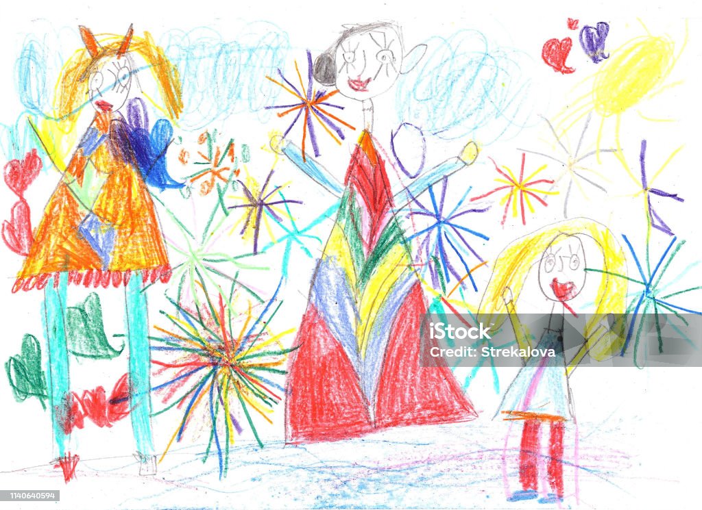 Drawing happy family watching fireworks Drawing a happy family with children watching fireworks Christmas stock illustration