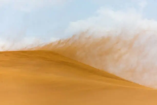 Wind is blowing sand over the dunes in the eastern Part of Dasht-e Lut Iran