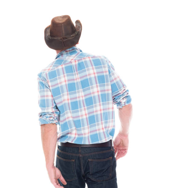istock Handsome cowboy is walking, rear view 1140646893