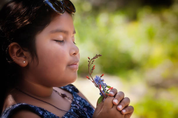 Hispanic little girl with her eyes closed and holding a bouquet of fresh wildflowers to her nose, enjoying the sweet fragrance of the plants. stock photo