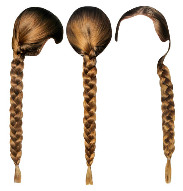 weibliches haar mit einem plait isolierten set. kopf mit haaren von verschiedenen seiten - haarzopf stock-fotos und bilder