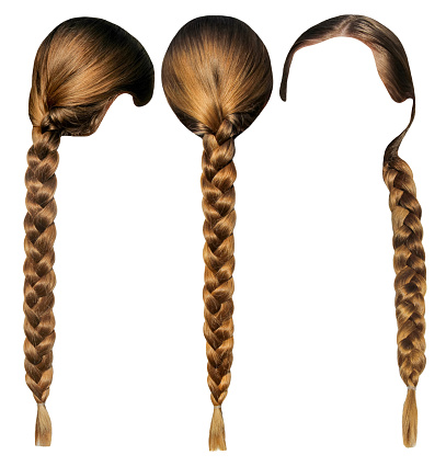Female hair with a plait isolated set. Head with hair from different sides