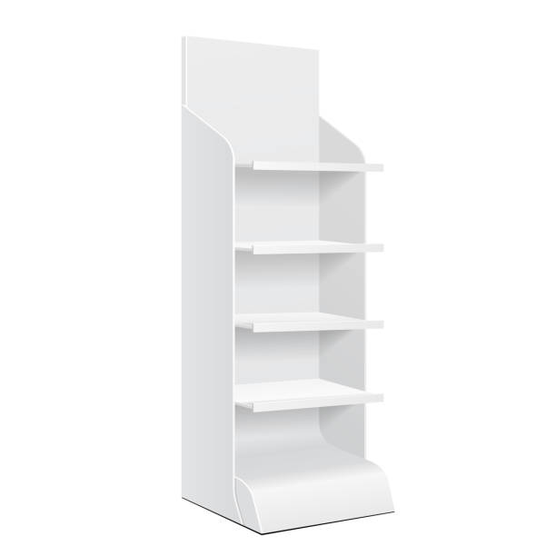 istock White POS POI Cardboard Floor Display Rack For Supermarket Blank Empty Displays With Shelves Products On White Background Isolated. Ready For Your Design. Product Packing. Vector EPS10 1140655487